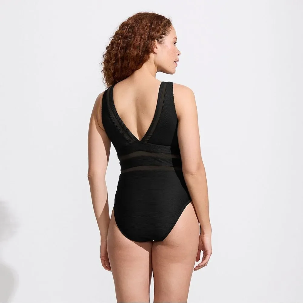 Land's End one piece Plunge swimsuit mesh ribbed Textured high leg Black Var - Picture 9 of 13